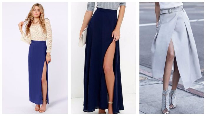 модные юбки с разрезом для вечеринки 2019-2020: синяя, темно-синяя, серая