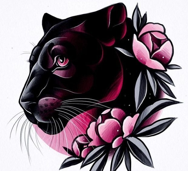 эскиз пантера в пионах для женской татуировки