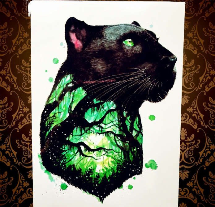 красивый эскиз пантера и лес для тату