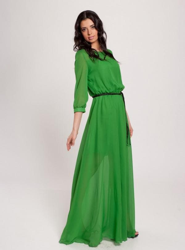 Зеленое платье в пол с рукавами