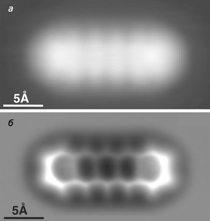 Рис. 3. Визуализация молекулы пентацена с помощью сканирующего туннельного микроскопа и атомно-силового микроскопа  («Химия и жизнь» №5, 2017)