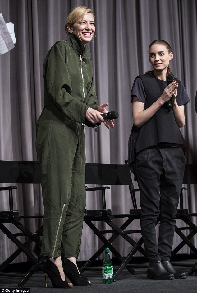 Minimalistic misses: Leading ladies Cate Blanchett and Rooney Mara both favoured the androgynous trend as they promoted their new film Carol at Pacific Design Center in West Hollywood, California, on Friday