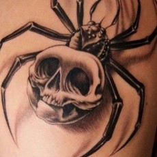 Байкерская татуировка на спине парня - паук и череп