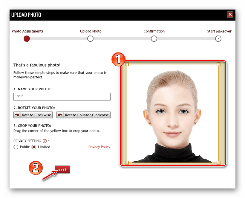 Обрезка загруженной фотографии в онлайн-сервисе TAAZ Virtual Makeover