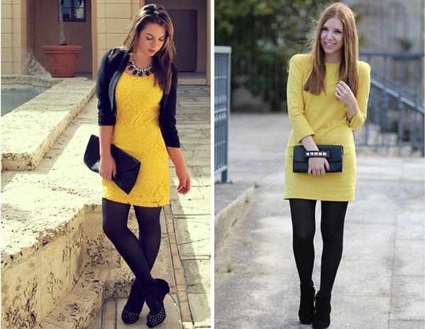 Девушки в желтых платьях и колготках