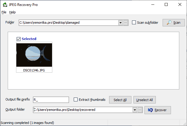 Окно JPEG Recovery Pro