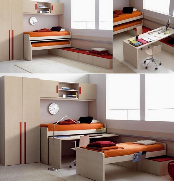 Кровать-трансформер со столом, имеющая три варианта положений