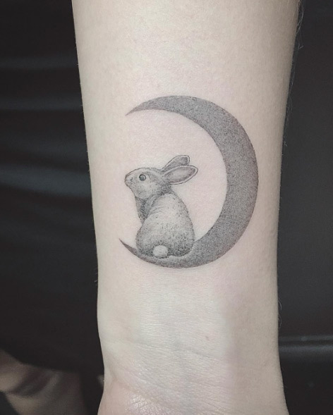 Dotwork rabbit on crescent moon by East Iz