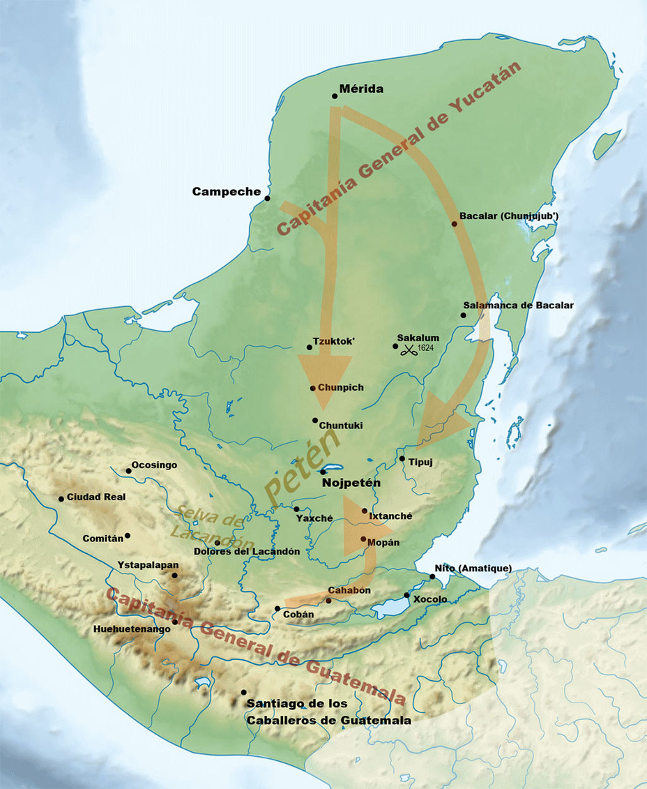 ​Карта боевых действий на Юкатане и в Гватемале. itzaarchaeology.com - Тайясаль 1524–1624: последний оплот майя 