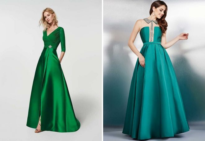 зеленое атласное платье в пол