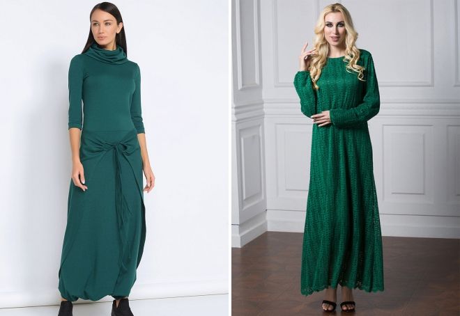 длинное вязаное зеленое платье