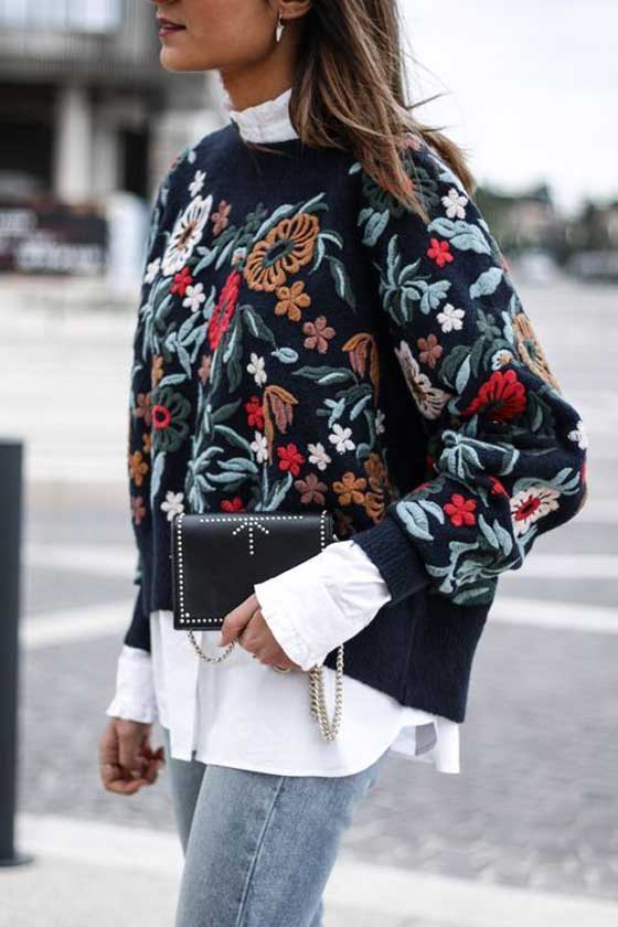 Образ с модным свитером - принт цветы+ белая рубашка