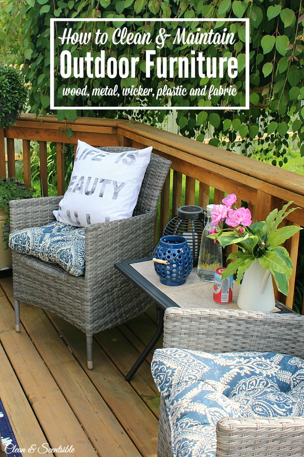 Summer patio with wood deck and wicker chairs.