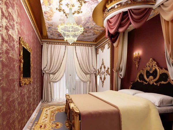 Стиль барокко отличается особой роскошью и золотой отделкой. Идеальны в данном случае французские шторы, сшитые из атласа, шелка или тафты. 