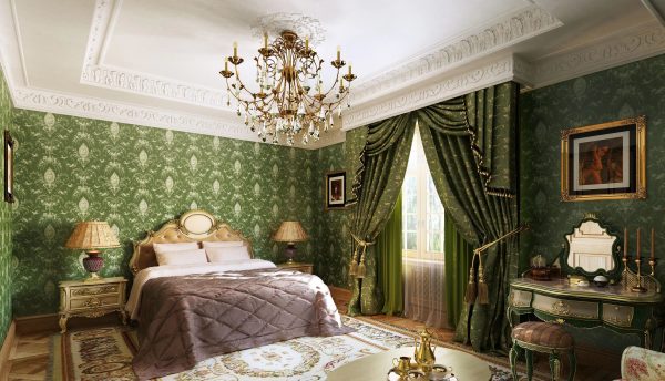 Спальня в классическом стиле выглядит спокойно, элегантно, гармонично и просторно.