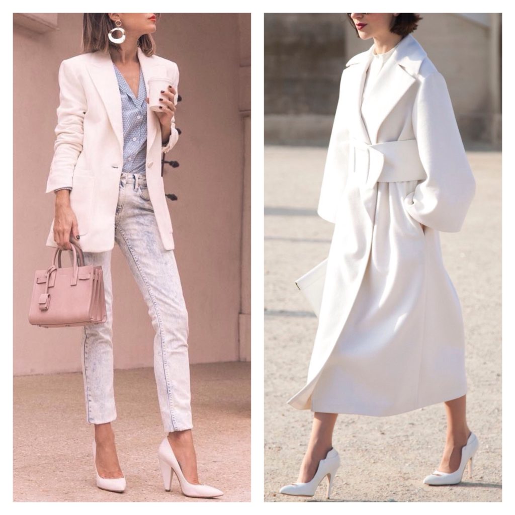 Белые туфли в сочетании со светлым луком визуально вытягивают силуэт.